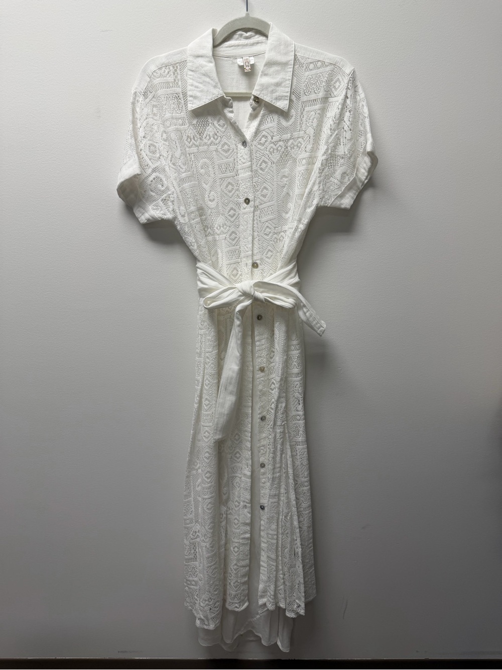 BECCA White Lace Maxi Shirt Dress with Waist Tie